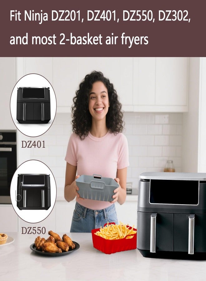 Golden Associate Silicone Liners Rectangle 2 Pcs for Air Fryer Dual Basket 8 to 10 Qt, Food-grade Reusable Baking Tray Fit Ninja DZ201 DZ401 DZ550, 4 to 5 Qt Each, Airfryer Accessories Grey - Image 4
